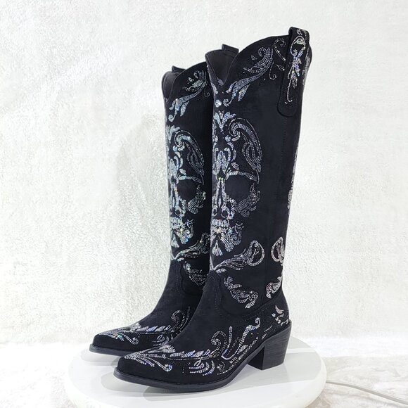 Muerto Country Western Cowgirl Boots Sparkling Iridescent Rhinestones Skull